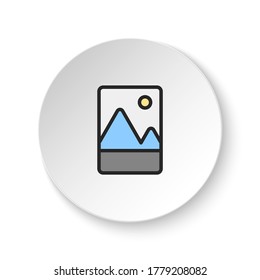 Round button for web icon, mountains, photo. Button banner round, badge interface for application illustration