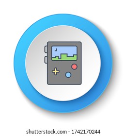 Round button for web icon. Portable console, gaming, retro. Button banner round, badge interface for application illustration