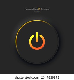 Ein runder Knopf mit gelb-orangefarbenem Leistungssymbol auf schwarzem Hintergrund. Benutzeroberflächen-Elemente im Stil von Lungenorphismus, UX. Vektorgrafik.