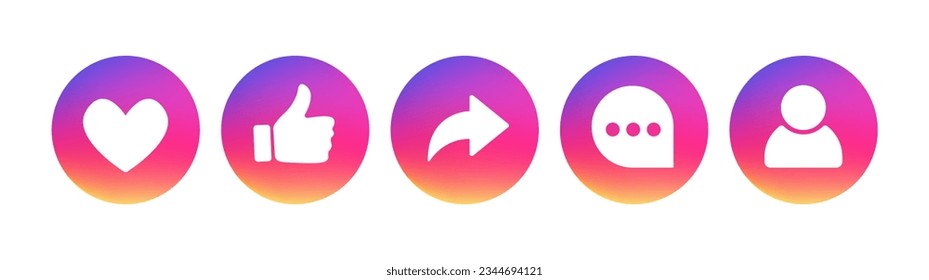 Round buttons in 3d style with gradients, share arrow, message, comment. Social media template icons. Blog concepts for website, web page, promotional materials. Vector illustration