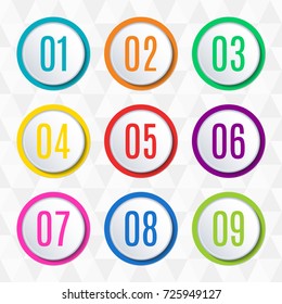 Round buttons or badges with numbers. 1,2,3,45,6,7,8,9 button set. Vector icon set.