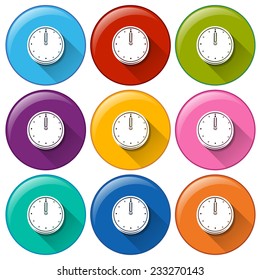Botones redondos con relojes en un fondo blanco 