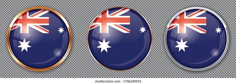 Round buttons with flag of Australia on transparent background