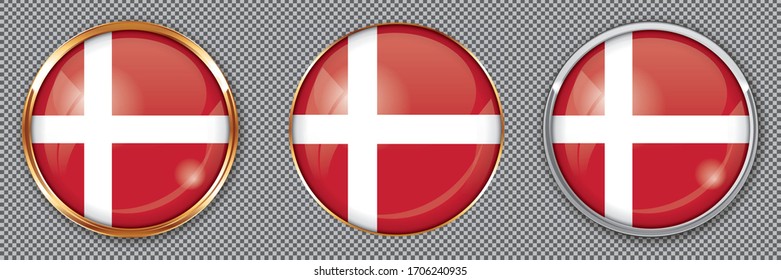 Round buttons with flag of Denmark on transparent background