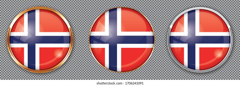Round buttons with flag of Norway on transparent background