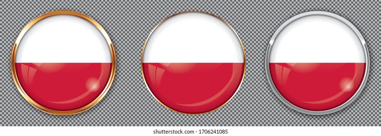 Botones redondos con bandera de Polonia sobre fondo transparente