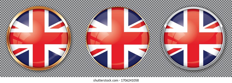 Round buttons with flag of UK on transparent background