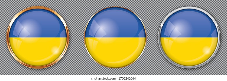 Round buttons with flag of Ukraine on transparent background