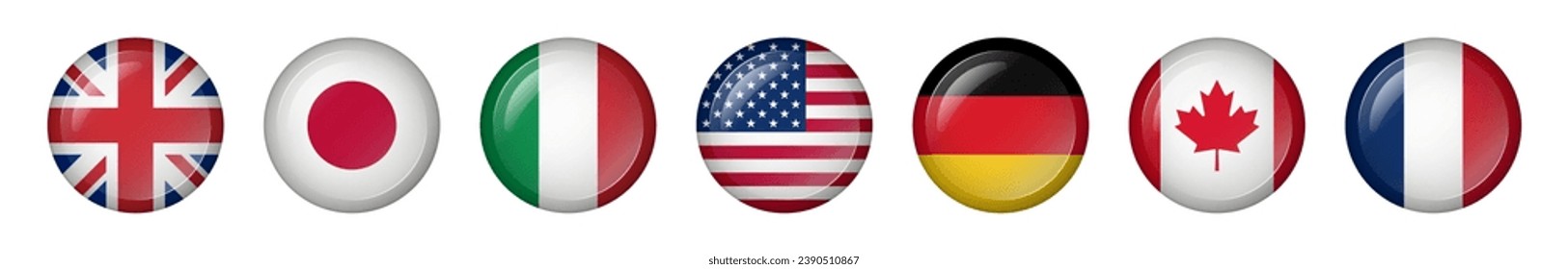 Round buttons with flags of G7 member states. Vector.