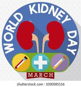 Round buttons in flat style with some special cares about good renal health in World Kidney Day celebration: urine sample and blood test.