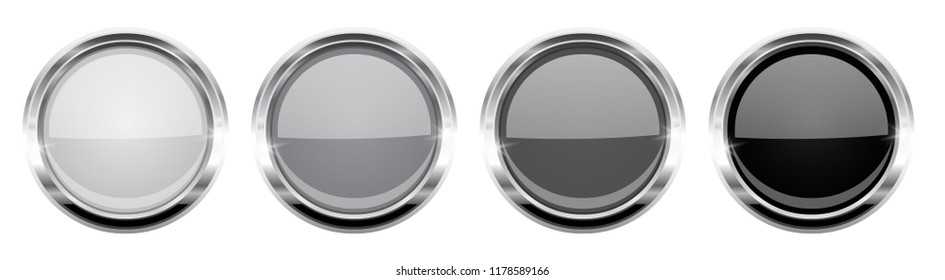 Round buttons. Gray glass 3d icons with metal frame. Vector illustration isolated on white background