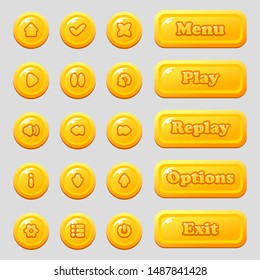 Round buttons with icons (user, info, play, replay, pause, arrows, exit, options, download, sound) and rectangular menu buttons for mobile and PC game and app interface design (UI).