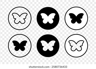 Round buttons with monarch or chameleon butterfly silhouette on transparent background. Flying insects icons. Vector graphic illustration.