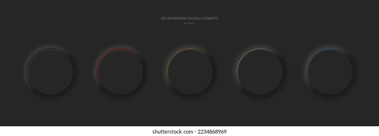 Round buttons on a black background. Neomorphism UI design element set. Vector illustration.