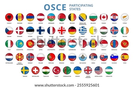 Round buttons with OSCE member's flags.