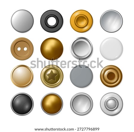 Round buttons or rivets collection, metal or plastic jean accessories. Vector isolated mechanical fastener, clothes design elements. Solid, blind and tubular copper round clinch elements