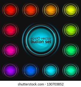 Round buttons set of glossy colorful plastic design elements with glass cover and backlight, eps10 vector collection of twelve