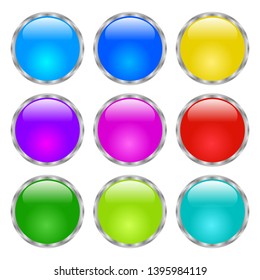 Round buttons. Shiny Web icon with metallic frame. Isolated on white background. Raster version vector Illustration
