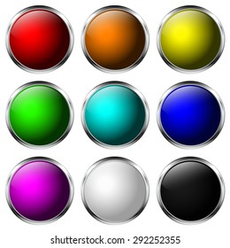 Round buttons. Shiny Web icon with metallic frame. .Vector Illustration isolated on white background.