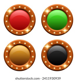Round buttons with wooden frame and light bulbs. Vector clipart isolated on white background.