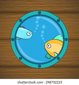 Round cabin window on the wood wall. Fish at window. Vector illustration.