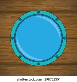 Round cabin window on the wood wall. Vector illustration.