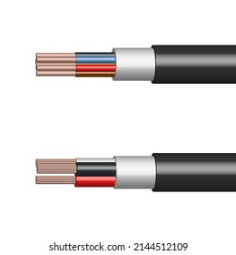 Round cable with insulated copper conductors. 3D style, vector illustration.