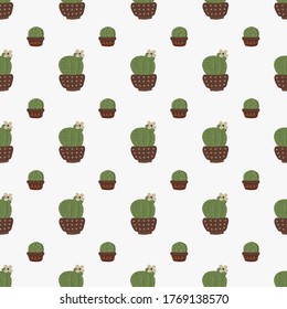 Round cacti in pots on a seamless background. This template is suitable for scrapbooking and packaging.
