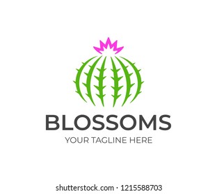 Round cactus with flower logo design. Green cactus with sharp thorns vector design. Cacti logotype