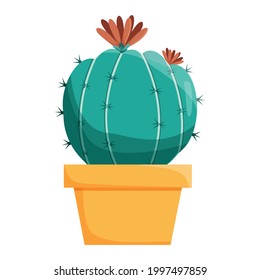 Round cactus in a flower pot. Indoor or indoor plants. Vector illustration in cartoon style