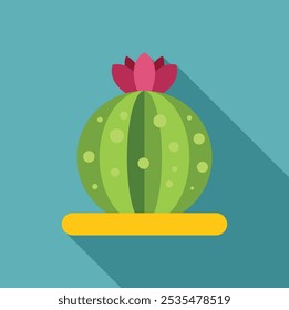 Round cactus with a pink flower blooming on top, a flat design icon with a long shadow