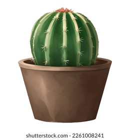 Round Cactus in a Plant Pot Isolated Detailed Hand Drawn Painting Illustration