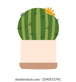 Round cactus with thorns. Succulent in a flower pot, a houseplant for home, office, greenhouse. Vector icon