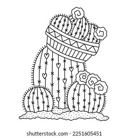 Round cactuses with flowers. Desert plants in soil and pot. Home garden. Coloring page for kids and adults. Cartoon vector illustration. Hand drawn artwork. Outlined drawing. Isolated on white