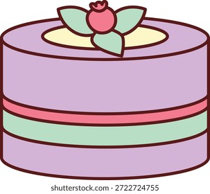 Pastel redondo con capa de crema, adorno de bayas y hojas, y contorno audaz. Símbolo de celebración, golosina de postre, dulzura de panadería y recompensa de fiesta. Ilustración vectorial de dibujos animados.