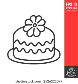 Round cake with icing and flower decoration on a plate line icon. Editable stroke pictogram for web, logo, app. Birthday celebration, bakery and confectionery concept. Isolated vector illustration