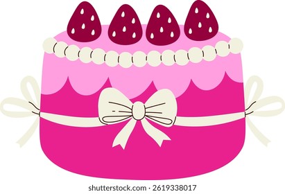 A round cake in a simple cartoon style with pink frosting, strawberry toppings, and a ribbon.  This delicious dessert is presented as a festive and delightful confection, perfect for celebrations.