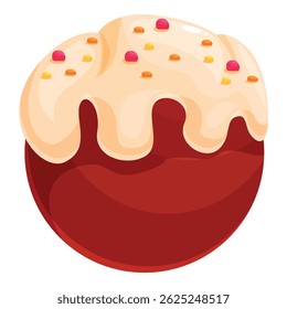 Round cake with white icing dripping and colorful sprinkles on top, isolated on a white background