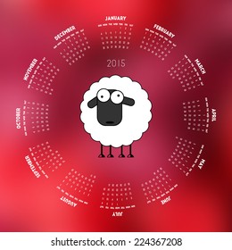 Round calendar 2015 with sheep on red background. Week starts on Sunday