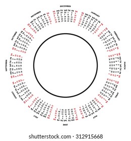 Round calendar 2016 isolated on white background. Week starts on Sunday