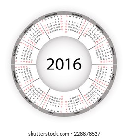 Round calendar for 2016 year. Vector EPS10.