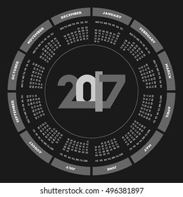 Round calendar 2017 design. Week starts on Monday
