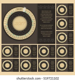 Round calendar for 2017 year with mandalas. Dates arranged around the mandalas in henna style. Week Starts Sunday. Vector Template.