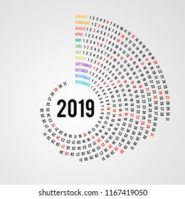 Round calendar 2019 on grey background