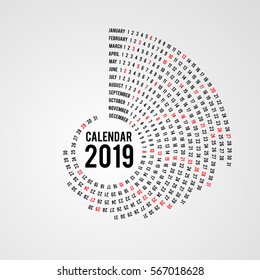 Round calendar 2019 on grey background