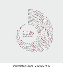 Round calendar 2025 on a white background. Vector illustration	