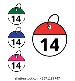 Ícones redondos do calendário diferenciados em cores diferentes, ícone do calendário com dia específico marcado para sites e recursos gráficos, dia 14.