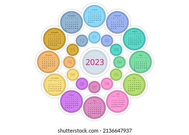 Round Calendar Planner for 2023. Calendar template for 2022. Stationery Design Print Template. Week Starts on Sunday.