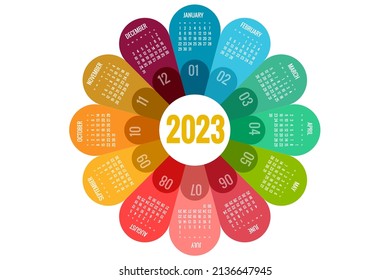 Round Calendar Planner for 2023. Calendar template for 2022. Stationery Design Print Template. Week Starts on Sunday.