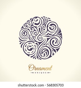 Round Calligraphic Gold Royal Emblem. Vector Floral Symbol For Cafe, Restaurant, Shop, Print, Stamp. Logo Design Template Label For Coffee, Tea, Business Card. Isolated Tattoo Ornament